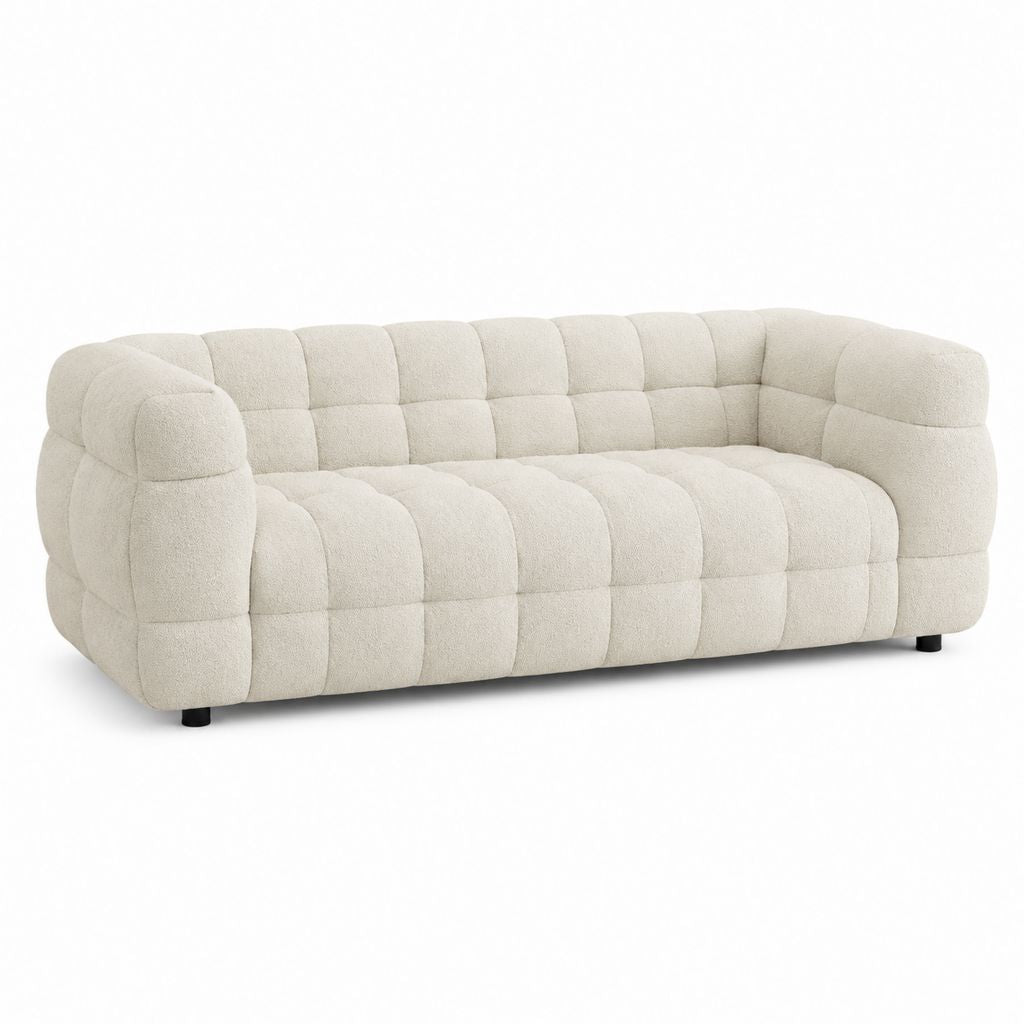 Canapé droit 3 places crème en tissu bouclé polyester forme arrondie 230 x 94 x 73 cm