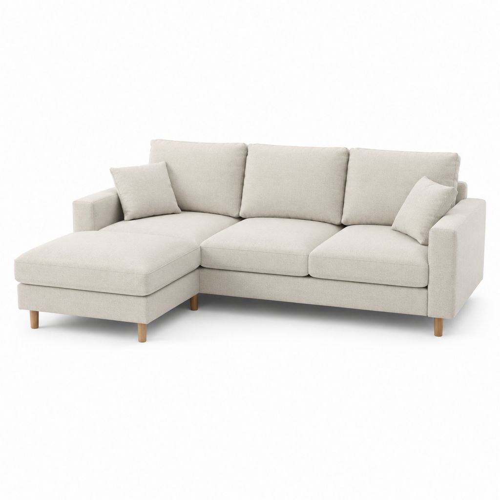 Canapé d'angle gauche 3 places beige en polyester avec méridienne 230 x 150 x 85 cm