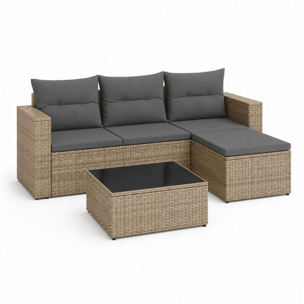 Salon de jardin d'angle 3 places avec table basse beige et gris en résine tressée PE 193 x 136 x 76 cm