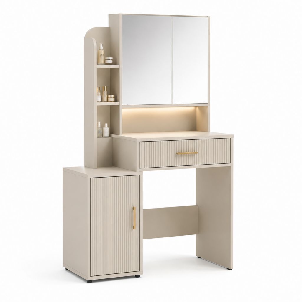 Coiffeuse avec miroir LED rectangulaire beige en panneaux MDF 80 x 40 x 170 cm