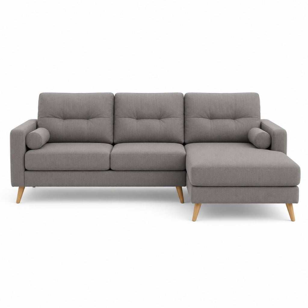 Canapé d'angle droit 3 places gris en polyester avec méridienne 220 x 145 x 85 cm