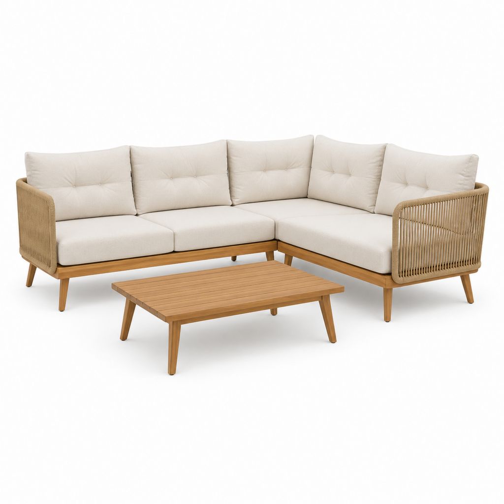 Salon de jardin d'angle 4 places beige en acacia massif avec table basse 230 x 230 x 75 cm