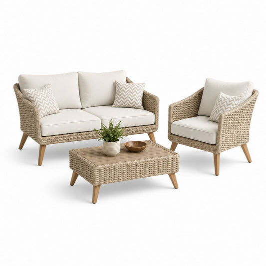 Salon de jardin 4 pièces beige en rotin PE avec coussins en polyester canapé 2 places 130 x 75 x 78 cm
