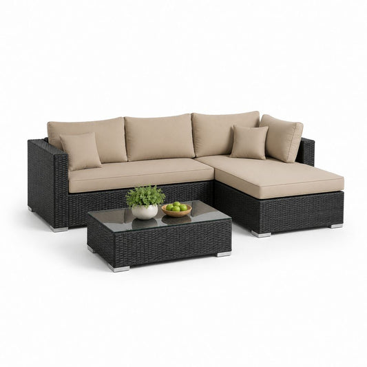 Salon de jardin d'angle 4 places noir en résine tressée PE avec coussins beige et table basse 210 x 140 cm