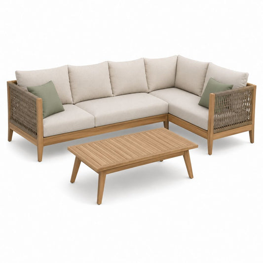 Salon de jardin d'angle 5 places avec table basse beige en acacia massif et corde polyester 225 x 225 cm