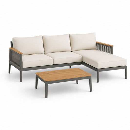 Salon de jardin d'angle 4 places avec table basse beige aluminium et bois d'acacia 220 x 150 cm