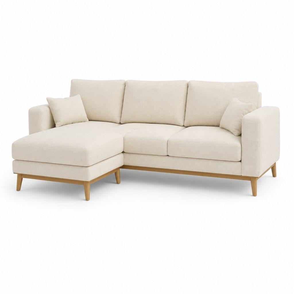 Canapé d'angle gauche 3 places beige en polyester avec méridienne 230 x 150 x 85 cm
