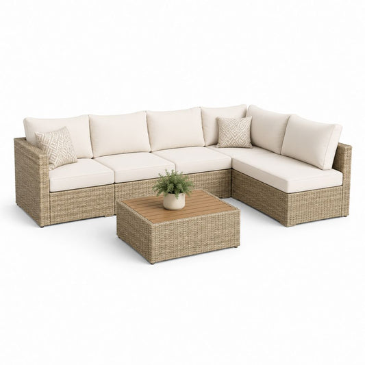 Salon de jardin d'angle 4 places avec table basse beige en résine tressée PE 240 x 180 x 75 cm