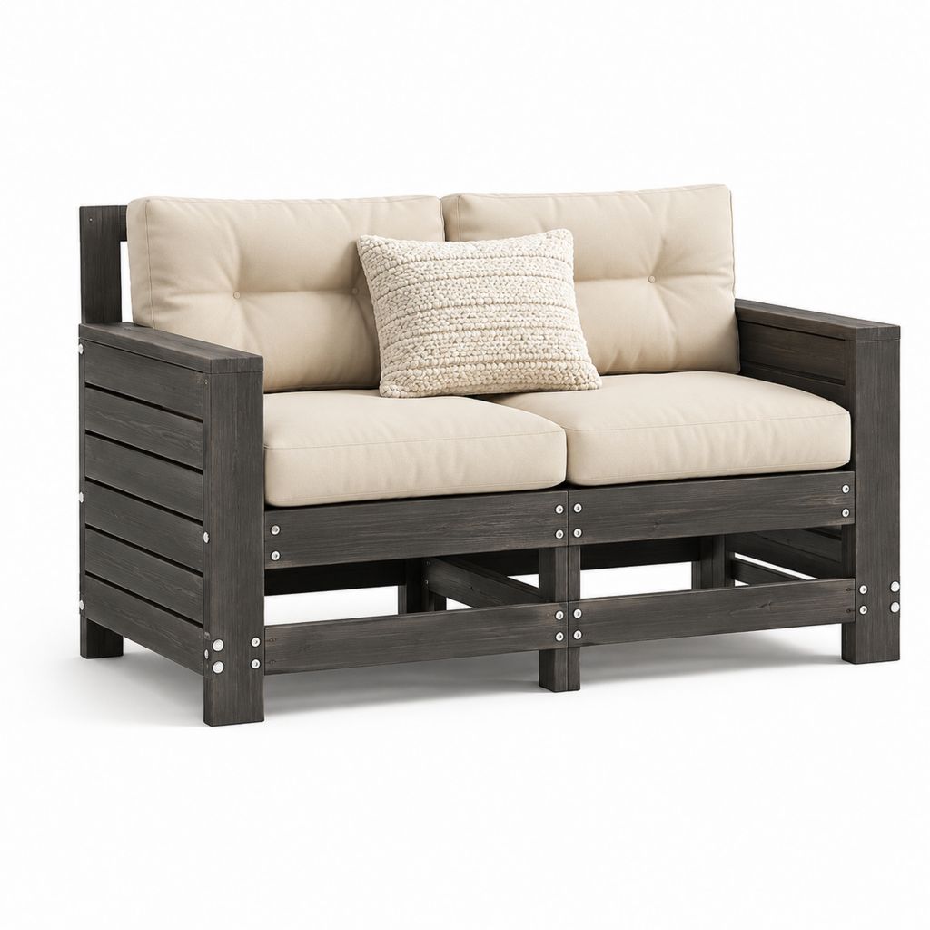 Canapé de jardin 2 places brun foncé avec coussins beiges en bois massif d'acacia 124 x 65 x 80 cm