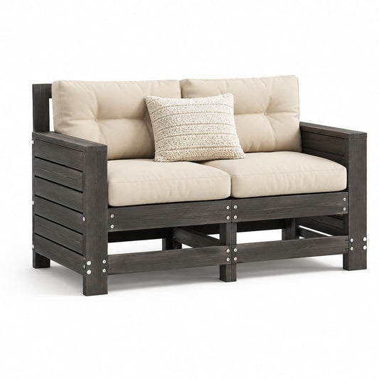 Canapé de jardin 2 places brun foncé avec coussins beiges en bois massif d'acacia 124 x 65 x 80 cm
