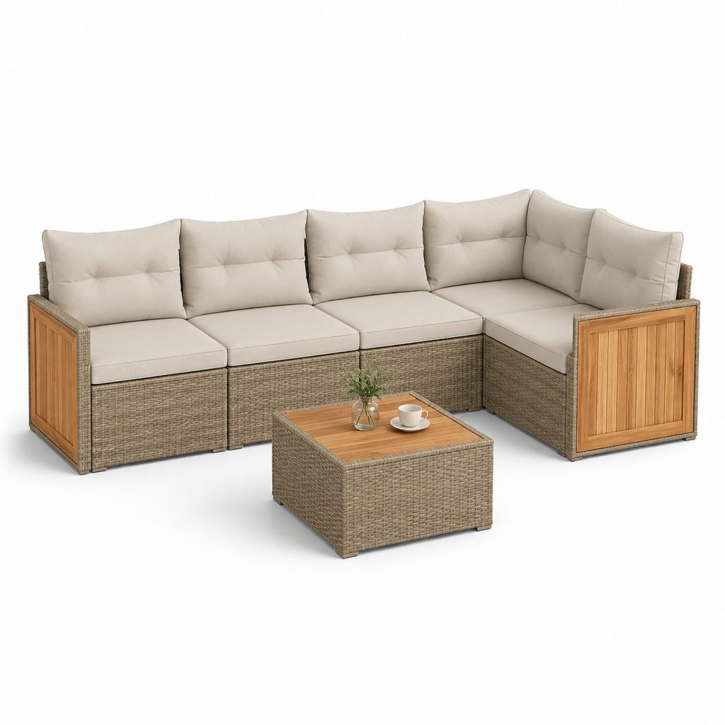 Salon de jardin d'angle 5 places avec table basse beige en résine tressée PE et aluminium 250 x 180 x 82 cm