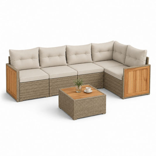 Salon de jardin d'angle 5 places avec table basse beige en résine tressée PE et aluminium 250 x 180 x 82 cm