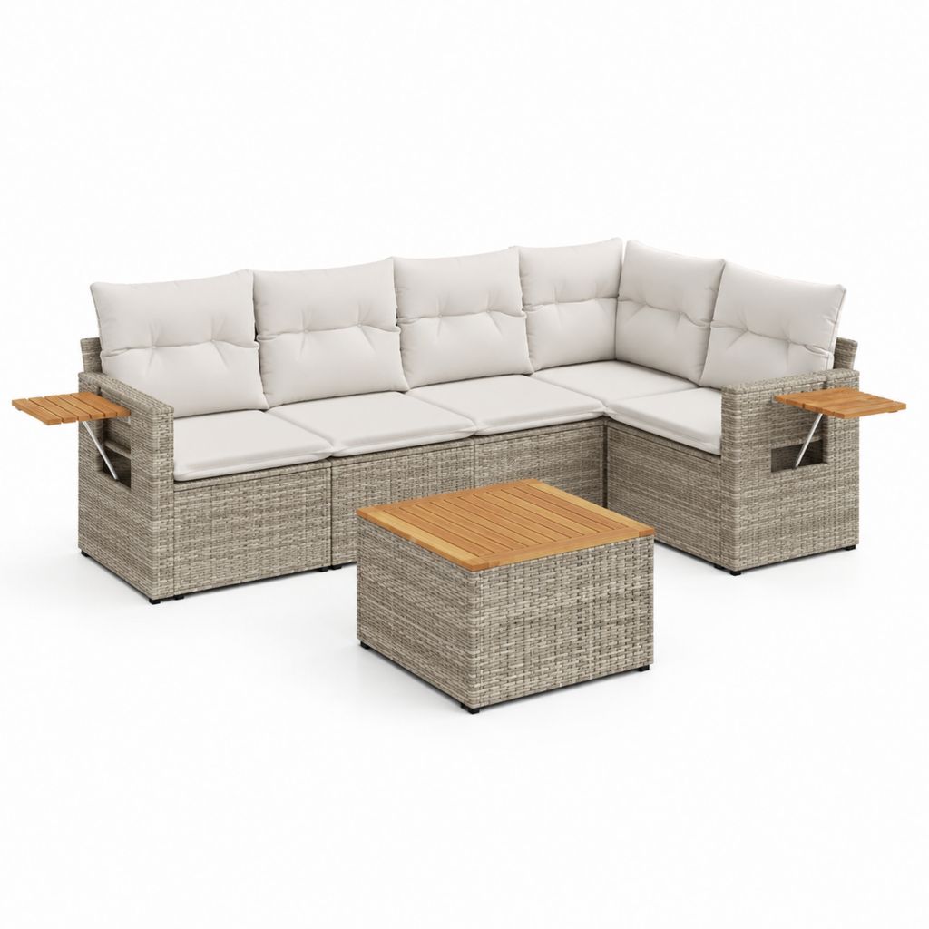 Salon de jardin d'angle 5 places en résine tressée beige avec coussins et table basse 280 x 210 x 85 cm