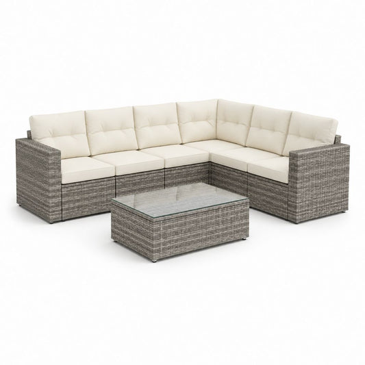 Salon de jardin d'angle 6 places gris en résine tressée PE avec coussins beiges et table basse en verre trempé 280 x 210 x 73 cm