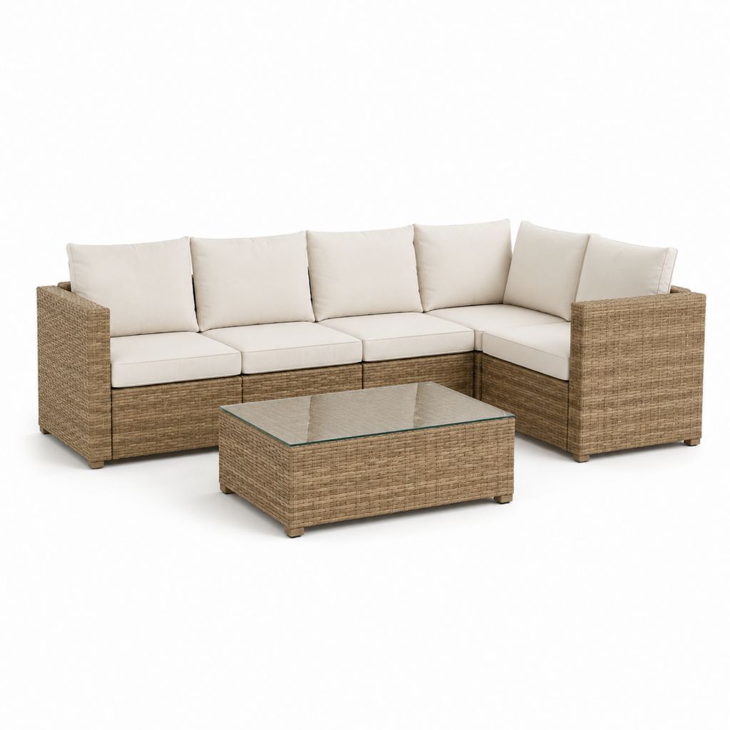 Salon de jardin d'angle 5 places beige en résine tressée avec table basse en verre trempé 250 x 190 x 75 cm