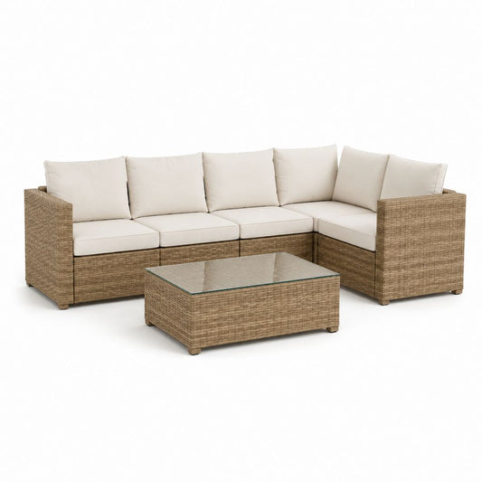 Salon de jardin d'angle 5 places beige en résine tressée avec table basse en verre trempé 250 x 190 x 75 cm