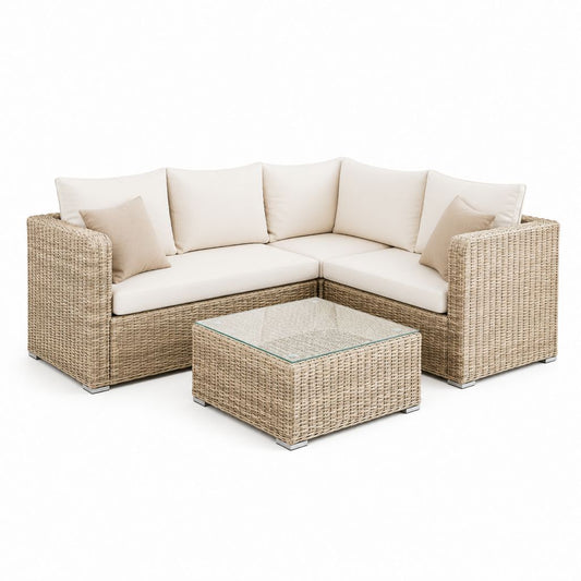 Salon de jardin d'angle 4 places beige en résine tressée PE avec table basse carrée 210 x 210 cm