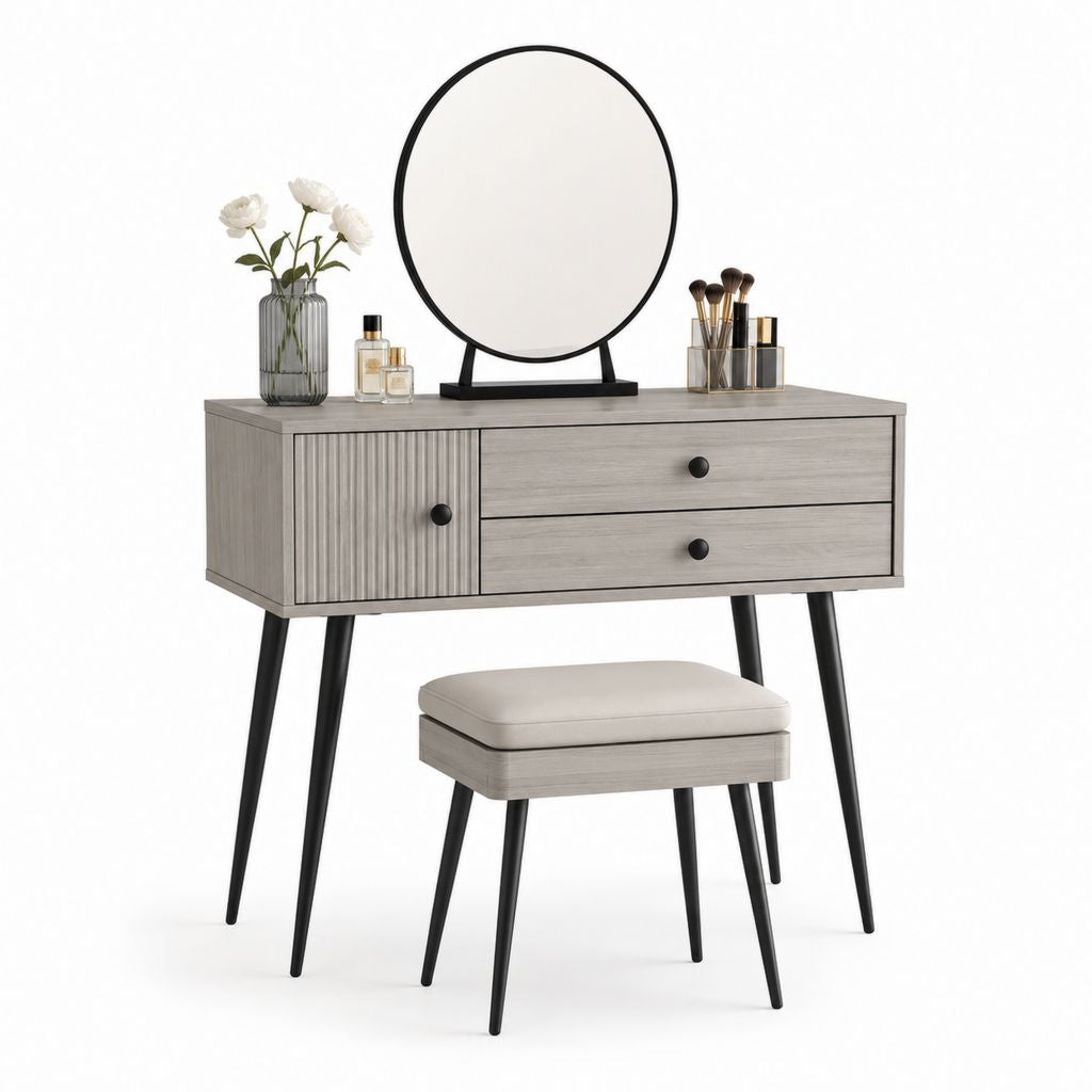 Coiffeuse avec miroir rond et tabouret gris en MDF 100 x 40 x 76 cm