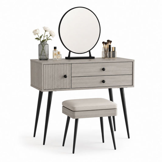 Coiffeuse avec miroir rond et tabouret gris en MDF 100 x 40 x 76 cm