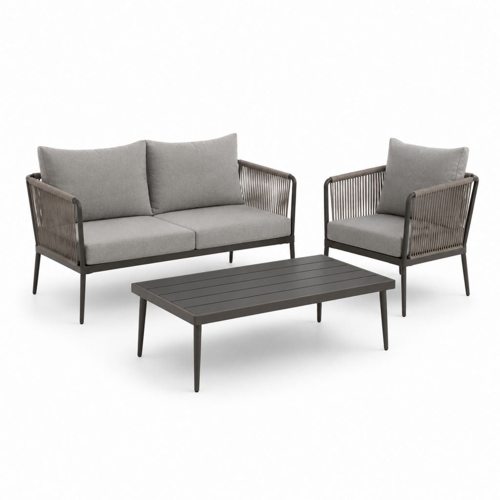 Salon de jardin 3 pièces gris en acier et corde polyester avec canapé 2 places 134 x 75 x 78 cm