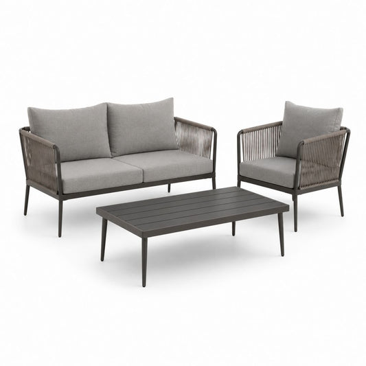 Salon de jardin 3 pièces gris en acier et corde polyester avec canapé 2 places 134 x 75 x 78 cm