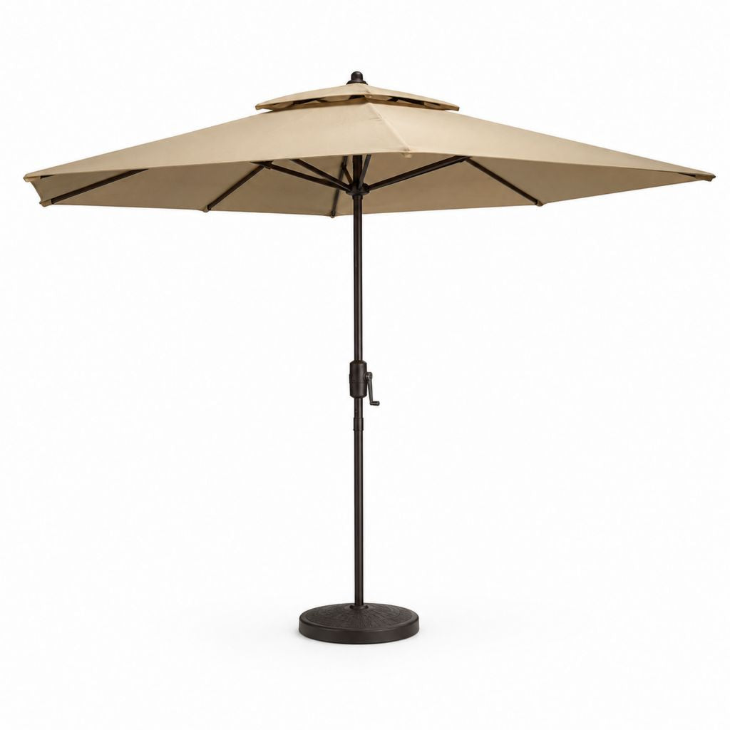 Parasol de jardin octogonal beige en polyester et acier avec pied 300 x 245 cm