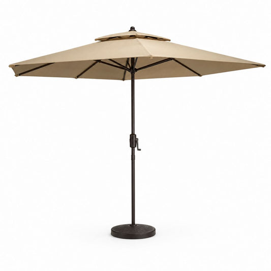 Parasol de jardin octogonal beige en polyester et acier avec pied 300 x 245 cm