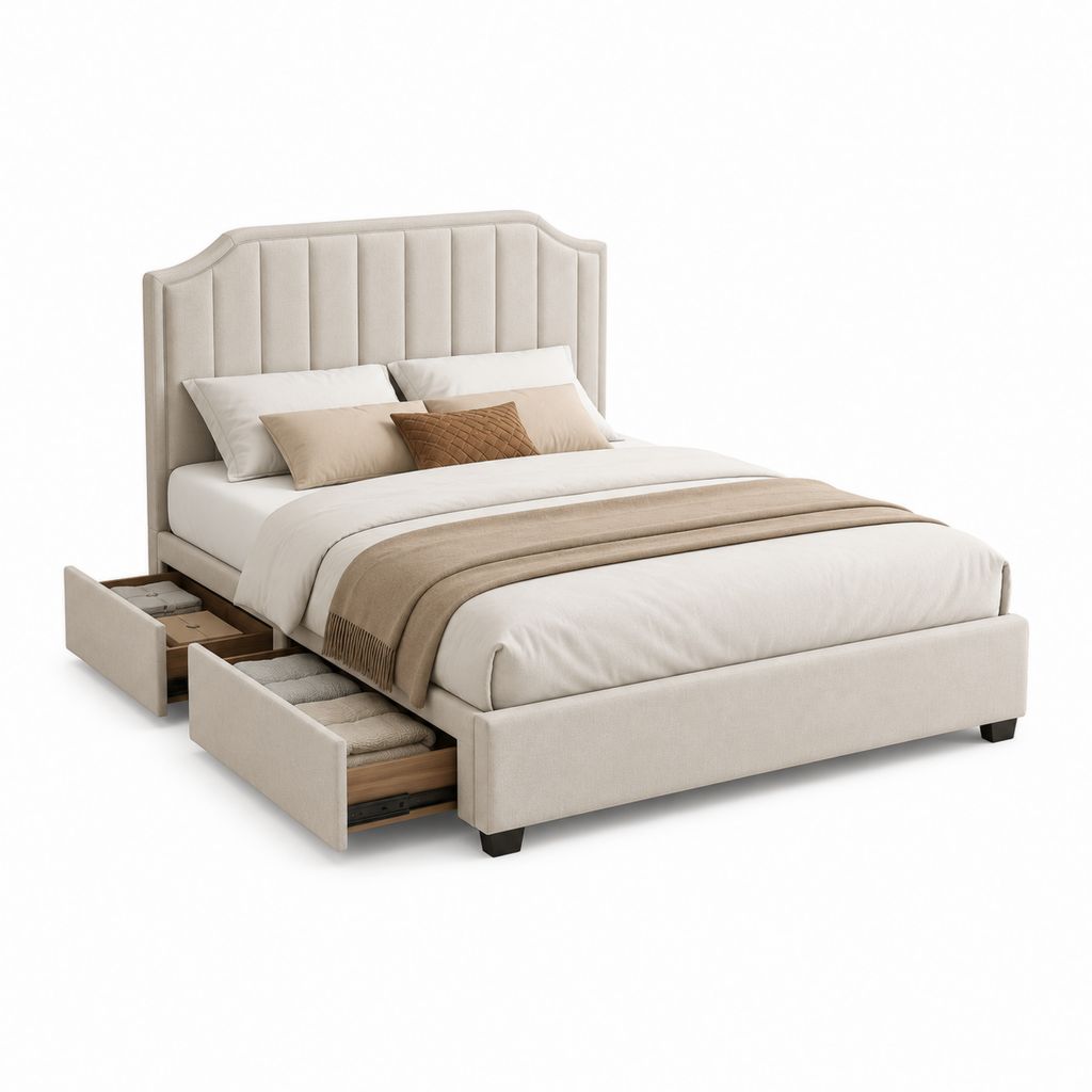 Lit avec rangement 160 x 200 cm beige en polyester rectangulaire avec 2 tiroirs