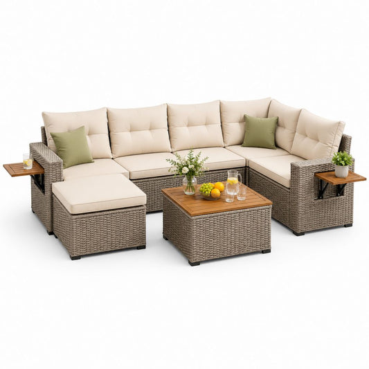 Salon de jardin d'angle 5 places en résine tressée gris taupe avec coussins beige 260 x 200 x 85 cm