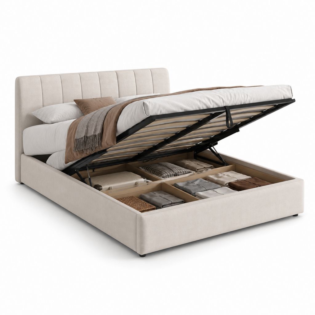 Lit coffre 160 x 200 cm beige rectangulaire en polyester avec sommier relevable
