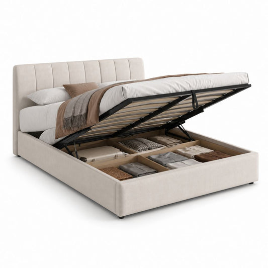 Lit coffre 160 x 200 cm beige rectangulaire en polyester avec sommier relevable