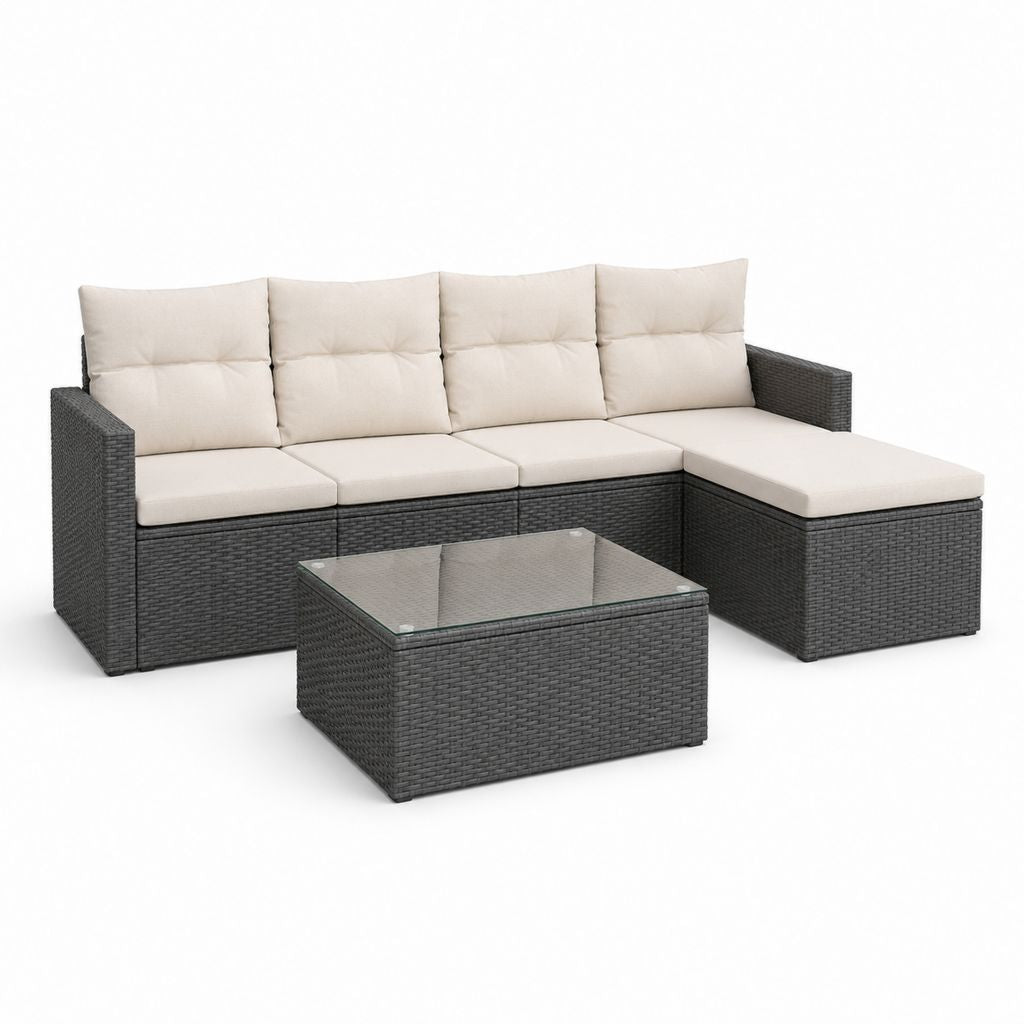 Salon de jardin d'angle 4 places en rotin PE gris avec coussins crème et table basse 218 x 140 x 60 cm