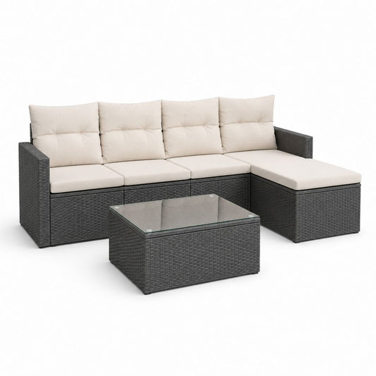 Salon de jardin d'angle 4 places en rotin PE gris avec coussins crème et table basse 218 x 140 x 60 cm