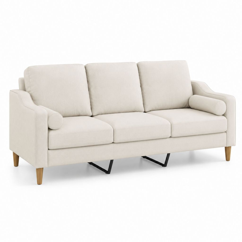 Canapé droit 3 places beige en polyester avec pieds en bois 200 x 90 x 85 cm