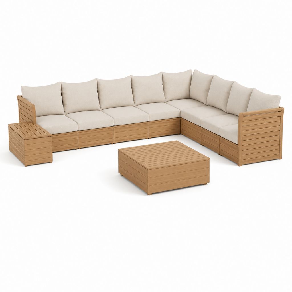 Salon de jardin d'angle 6 places avec table basse naturel beige en acacia massif 320 x 245 x 72 cm