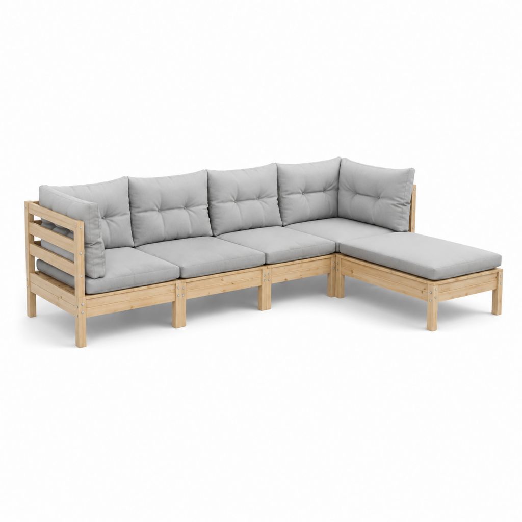 Canapé de jardin d'angle 4 places gris en pin massif avec méridienne 210 x 140 x 67 cm