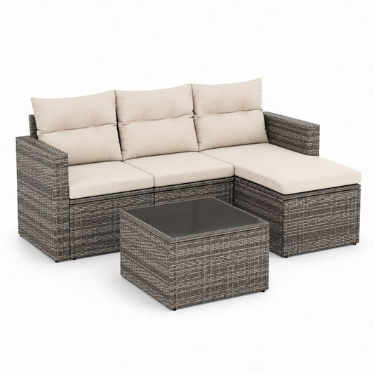 Salon de jardin d'angle 4 pièces gris en résine tressée PE avec coussins beige 193 x 140 x 60 cm