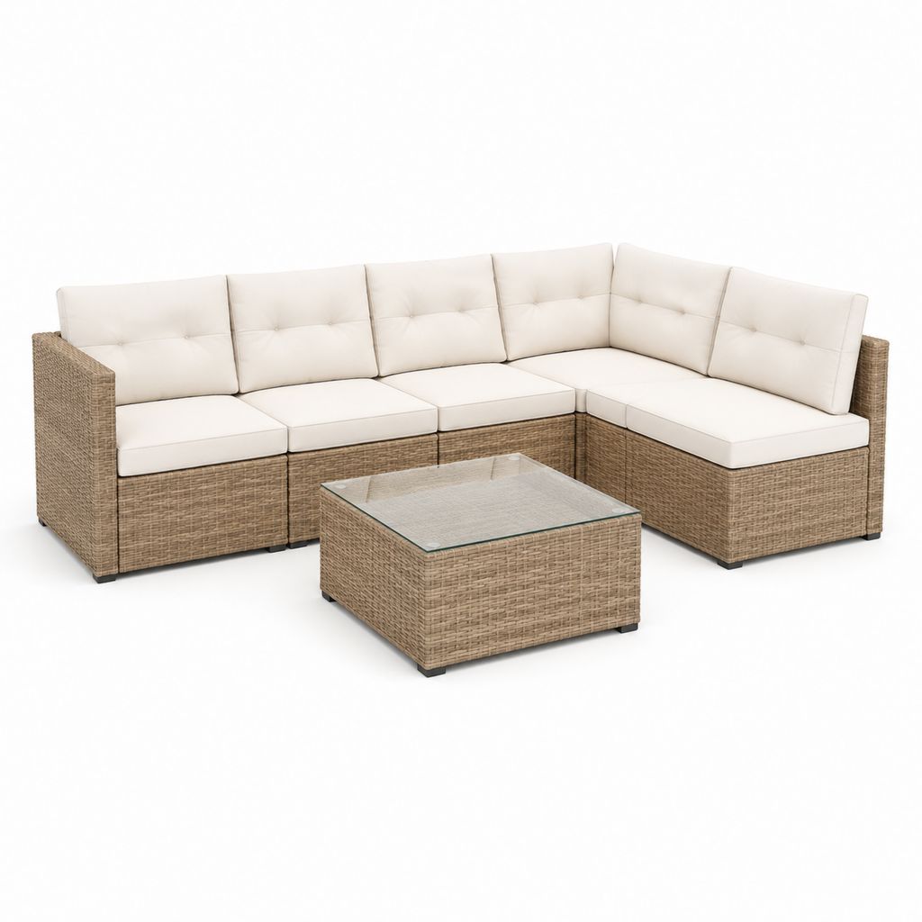 Salon de jardin d'angle 6 places en résine tressée beige avec coussins et table basse 280 x 210 x 63 cm